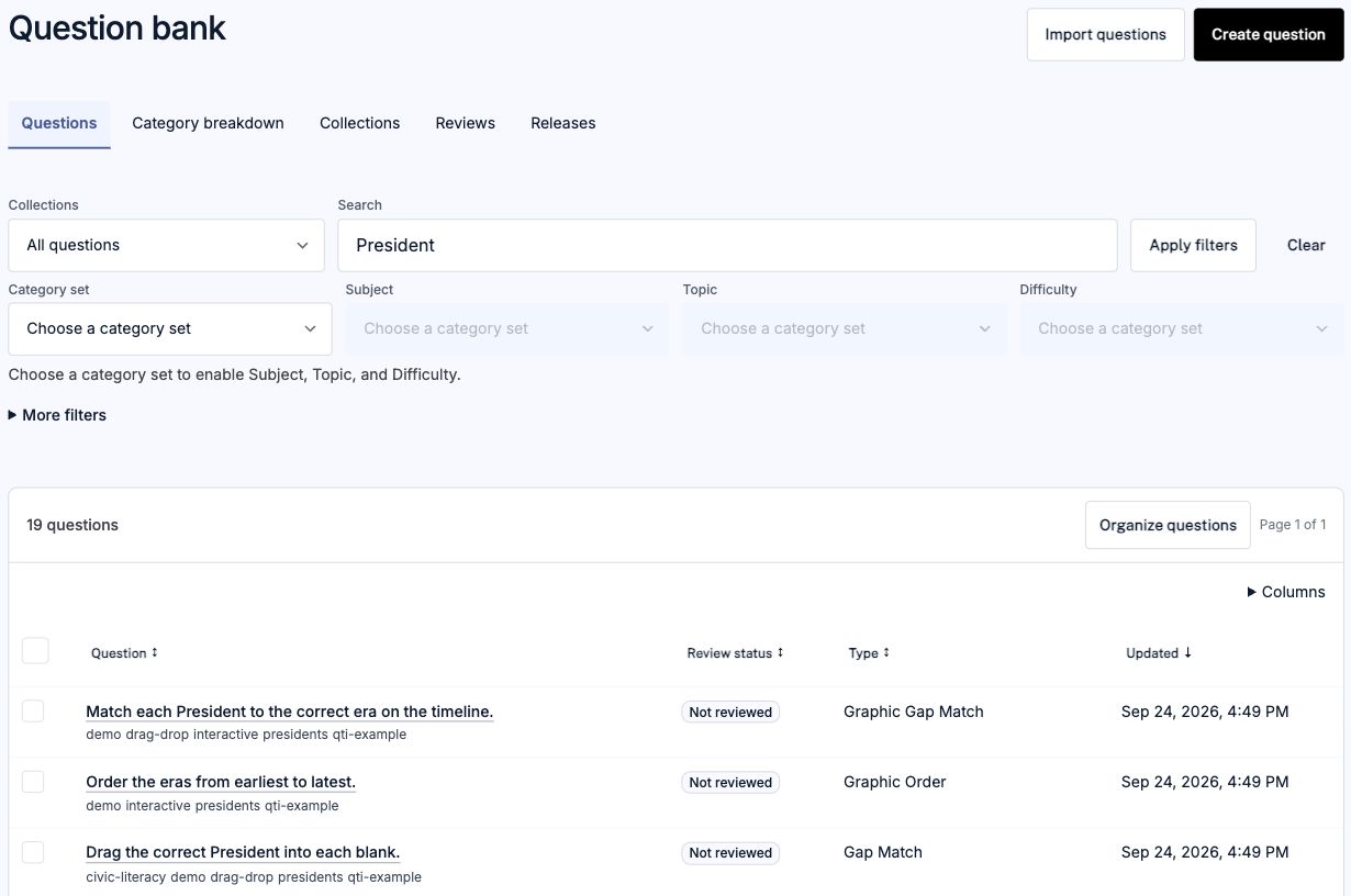 Question bank filtered by President, with search controls and sample questions showing tags, review status, type, and update date.